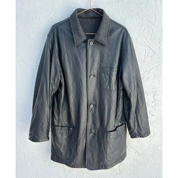 111 State Mens Leather Wool Reversible Collared Long Sleeve Jacket Black Sz M/L - Picture 1 of 14